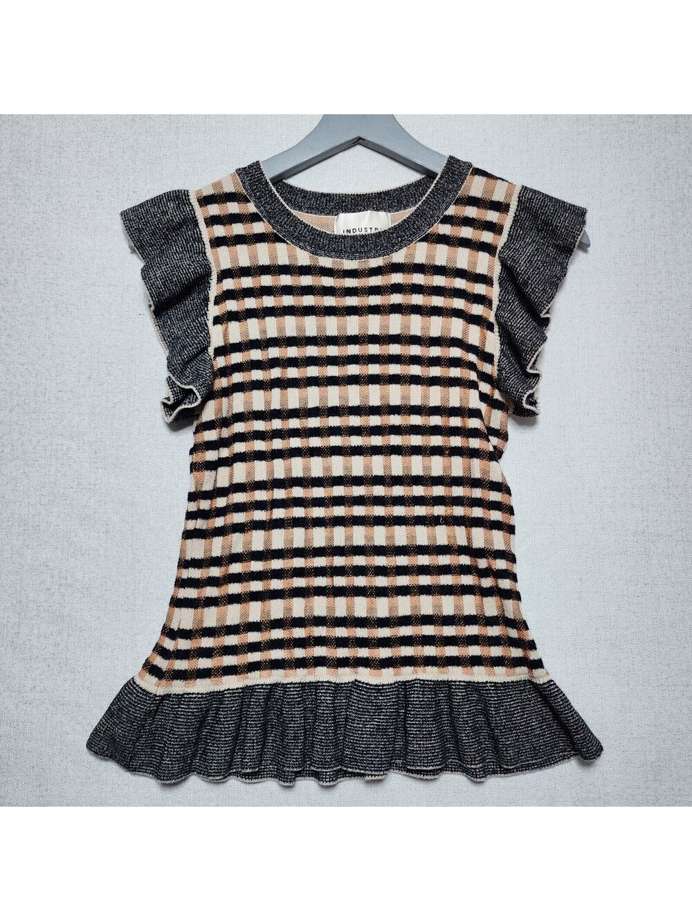 Small Eclectic Grandpa Dark Academia Tan Black Plaid Flutter Sleeve Peplum Top